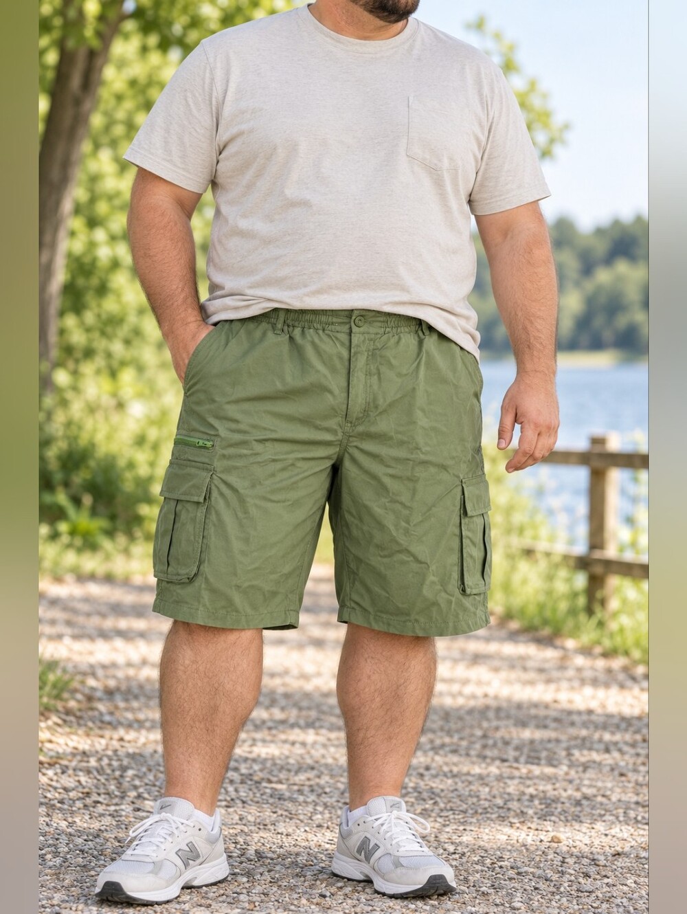 Men’s 3XL Olive Green Cargo Shorts Elastic Waist Utility Hiking Casual